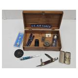 Knives, Perfume Bottle w Case, Compass, Wood Box