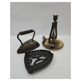 Sad Iron with Trivet & Brass Candle Holder
