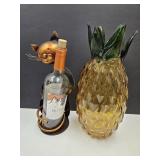 Metal Cat Wine Holder & Glass Pineapple 14"h