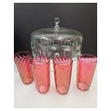 Beautiful Cake Stand w/Glass Dome & Ruby Red Glass