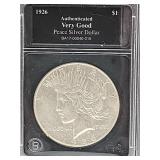 1926 Authentic Very Good Peace Silver Dollar Coin
