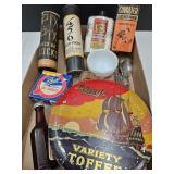 BOX of  Advetising Tins, Bottles, Silver Plate+