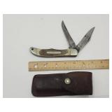 2 Blade Old Timer Knife w Leather Sheath