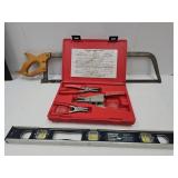 24" Level, Hand Saw &  Snap Ring Plier Set