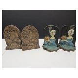2 Antique Set of Bookends Cast Iron & Orna Wood