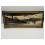 VTG 12.5" Japanese Ink Art w Gold Detail