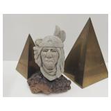 9"H Indian Head Statue & Brass Pyramids