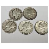 5 Mercury Silver Dime Coins