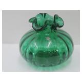 Beacon Green Glass Ruffled Top  Vase 6.5" high