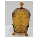 Amber Footed Coverd Glass Dish w Angels 8" high