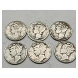 6 Silver Mercury Dime Coins See Dates