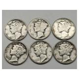 6 Silver Mercury Dime Coins See Dates