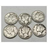 6 Silver Mercury Dime Coins See Dates
