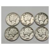 6 Silver Mercury Dime Coins See Dates