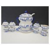 Blue Onion Tureen, Sugar, Cream, Shakers 2Chips