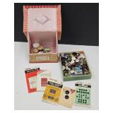 Vintage Sewing Basket Box, Spool Thread & Buttons