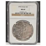 Graded  1990  MS 69   Silver Eagle Dollar Coin