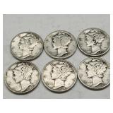 6 Silver Mercury Dime Coins See Dates