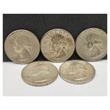 (5) 1964 Silver Washington Quarters Coins
