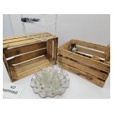 Liquor decanter, beer stein, Dishes Crates +