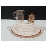 Pink Depressionware Covered Jar 6" Pitcher & Platr
