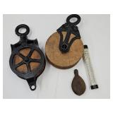 2 Barn Pulleys & Smaller Pulley & Thermometer