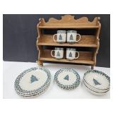 Christmas Stoneware dishes, Oak Wall Shelf 19"X19"