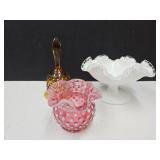 Fenton Ruffle Compote 6.5" Pink Vase and Amber Bel