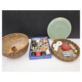 Vintage Sewing Basket Notions, Buttons, Thimbles +