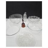 VTG Glassware Lot 9" Etched Bowl, Pyrex Bell +