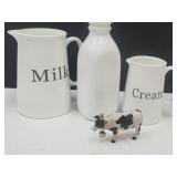 Milk & Cream Pitcher w Milk Bottle & Cow