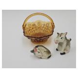 4 3/4" W Fenton Glass Basket & Donkey Shakers