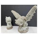 2 Concrete Gargoyl & Dragon  Both wFlaws 10" -14"