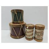 2 Edison Piano Music Rolls & Wood drums 4 & 6" W