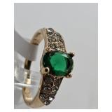 Gold Tone Ring Green Stone Sz 9