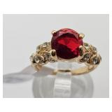 Gold Tone Ring w Red Stone Sz 6