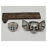 Mens Ring sz 10.5,  Skull & Stanley Ruler,  4'