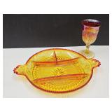 Indiana Tiara Amberina Glass Relish Plate &Goblet