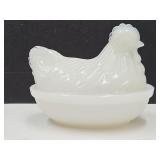 Vintage Milk Glass Hen on a Nest  4 1/4' Long