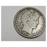 1908 D Silver Barber Half Dollar Coin