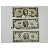 (3) $2  Dollar Currency Notes, See Condition