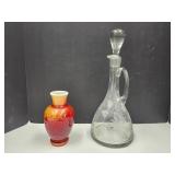 Liquor Decanter w Stopper, & Art Glass Vase