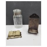 VTG Brass Caddy 4"W, Atlas Jar & Match Holder