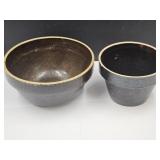 2 Primitive Stoneware Crock Bowls 7.5- 10" wide
