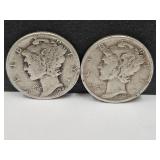 2 Silver Mercury Dimes 1942 D & 1942 S