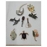 Beautiful Costume Brooches Flowers, Turtle, Bamboo