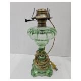 Vintage Green Glass Oil Lamp Electrified 11" high