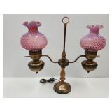 Fenton Cranberry ? Hobnail Double Lamp 19.5" x 19h