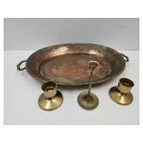 Lg Copper & Brass Tray 17"W & Candleholders