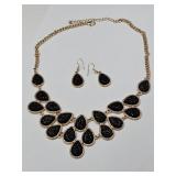Gold Tone Black Stone Necklace & Earring Set